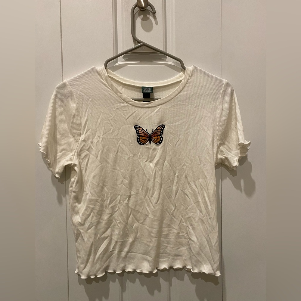 White Wild Fable size large embroidered butterfly top